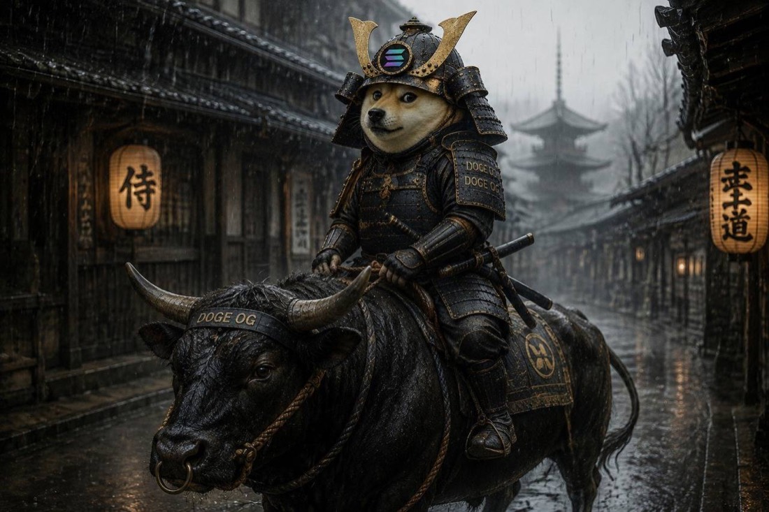 Doge in armour riding a black bull in the rain