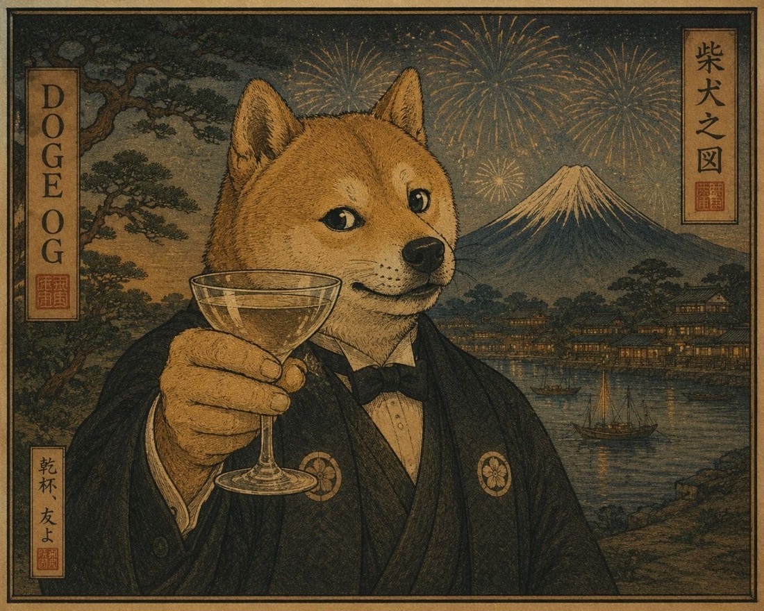 OG Doge in formal dress raising a glass, ukiyo-e print